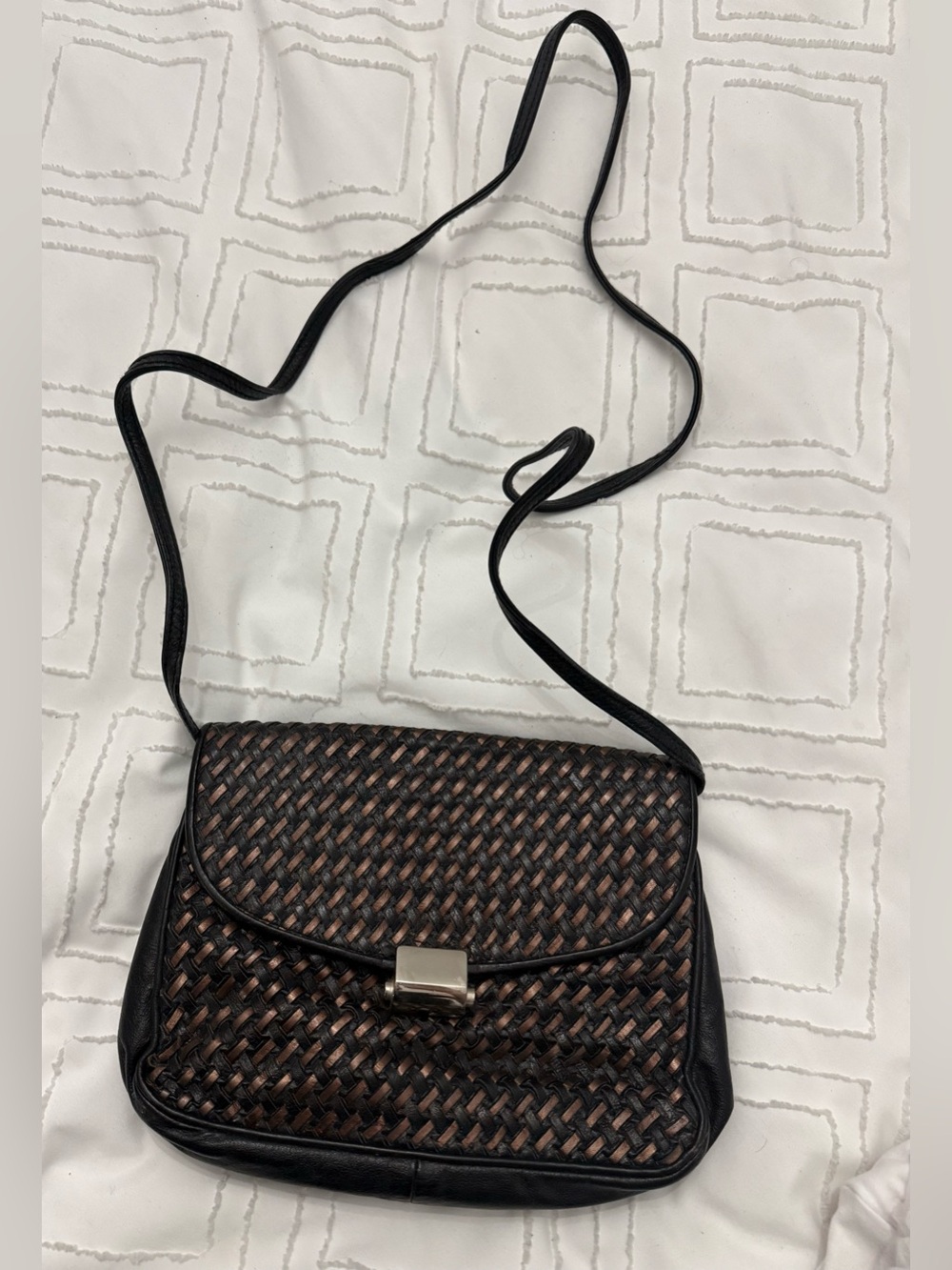Woven Black and Brown Crossbody Bag with Silver Clasp